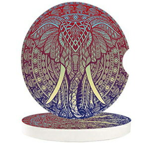 CosyBright Car Drinks Coasters Bohemian Elephant Mandala Ombre Red Purple Round Coaster Car Accessories with Absorbent Ceramic Stone&Finger Notch for Easy Removal (Set of 2 Pack)