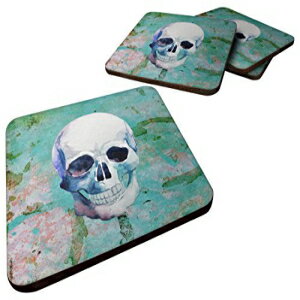 キャロラインズトレジャーズデイオブザデッドティールスカルフォームコースター4個セット、3.5、マルチカラー Caroline's Treasures Day of The Dead Teal Skull Foam Coaster Set of 4, 3.5, Multicolor