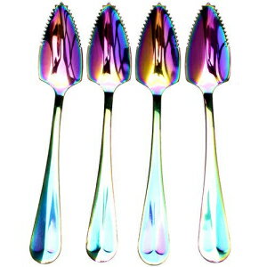 JUCOXO Stainless Steel Grapefruit Spoons for Citrus Fruit, Rainbow Magic Mirror Finish Serrated Grapefruit Spoons, Watermelon Dessert Spoon Set of 4