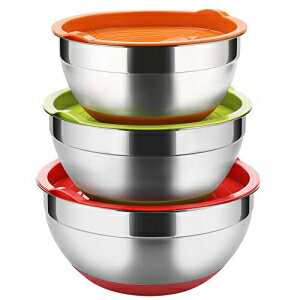 ふた付きステンレス鋼ミキシングボウル（3個セット） Regiller-yyiによる滑り止めのカラフルなシリコンボトムネスティング収納ボウル 健康的な食事の混合と準備のための磨かれた鏡面仕上げ2.5-3.5-4.2QT Stainless Steel Mixing Bowls with Lids (Set of 3),