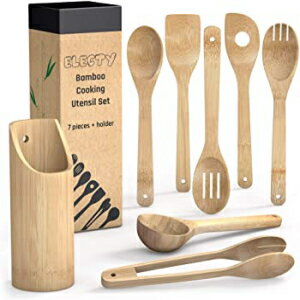 Electy Wooden Spoons for Cooking – 8piece Set with Soup Spoon, Bamboo Spatula, Bamboo Utensil Holder