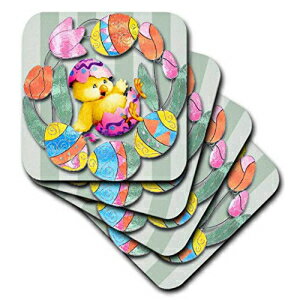 3dRose cst_167131_1かわいいチューリップの周りに飾られたかわいいイースターのひよこと卵-ソフトコースター、4個セット 3dRose cst_167131_1 Cute Easter Chick and Eggs All Decorated Around Pretty Tulips-Soft Coasters, Set of 4