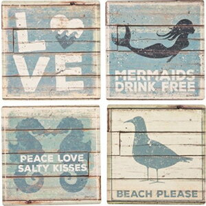 キャシー30899吸収性ストーンコースターセット、ビーチによるプリミティブ Primitives By Kathy 30899 Absorbent Stone Coaster Set, Beach