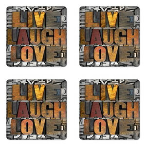 Ambesonne Live Laugh Love Coaster 4個セット、カラフルなパターンで人間の生命の価値を促進すると言う、正方形のハードボードグロスコースター、標準サイズ、ブラウングレー Ambesonne Live Laugh Love Coaster Set of 4, Saying Promoting the Values