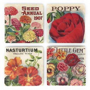 スタジオヴェルトゥヴィンテージフラワーシードパケットマーブルコースター、4個セット Studio Vertu Vintage Flower Seed Packets Marble Coasters, Set of 4