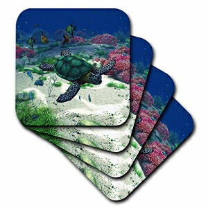 3dRose Sea Turtleが熱帯魚のサンゴなどと一緒に海を泳ぐ-セラミックタイルコースター、4個セット（CST_172910_3） 3dRose Sea Turtle ..