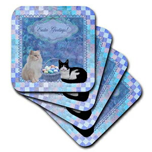 ミュージカルシートの背景に卵のイースターバスケットと3dRoseキティ猫 青-セラミックタイルコースター 4個セット（CST_174047_3） 3dRose Kitty Cats with Easter Basket of Eggs On Musical Sheet Background, Blue - Ceramic Tile Coasters, Set o