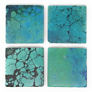 Studio Vertuターコイズプリントタンブルマーブルコースター、4個セット Studio Vertu Turquoise Print Tumbled Marble Coasters, Set of 4