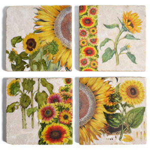 スタジオヴェルトゥヒマワリボタニカルマーブルコースター、4個セット Studio Vertu Sunflower Botanical Marble Coasters, Set of 4