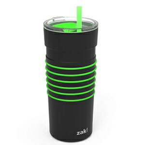Zak Designs HydraTrak 20 oz Vacuum Insulated Tumbler 18/8 Stainless Steel Water Bottle with Straw and Silicone Bands Tracks Your Water Intake, Travel Tumbler Splash Proof Lid (Black with Green)