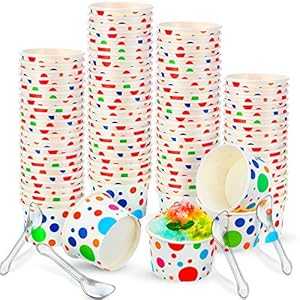 Boao 100 Pieces Paper Ice Cream Cups 6 Ounce Disposable Yogurt Dessert Bowls Paper Bowls and 100 Matching Reusable Plastic Spoons Transparent Summer Party Supplies (Colorful Dot)
