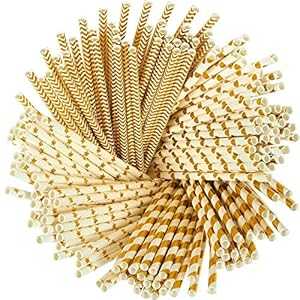 HomeImpel 100 Pack Gold Straws, Biodegradable Paper Straws, Metallic Foil Striped/Wave/Heart/Star Straws for Party Supplies, Birthday, Wedding, Bridal/Baby Shower Decorations and Holiday Celebration