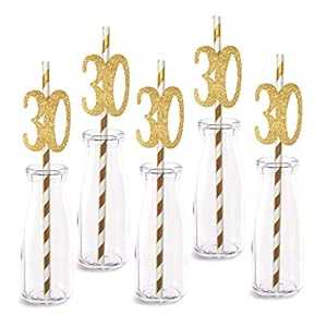 30歳の誕生日紙ストロー装飾 24本パック リアルゴールドグリッターカットアウト数字 Happy 30 Years Pa..