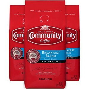 コミュニティコーヒー朝食ブレンドミディアムローストプレミアムグラウンド12オンスバッグ（3パック）、ミディアムフルボディスムースブライトテイスト、100％厳選されたアラビカコーヒー豆 Community Coffee Breakfast Blend Medium Roast Premium Ground 12 Oz