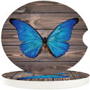 T H XHome 4-Piece Set, Car Coasters for Drinks Set of 4 Pack,Vintage Wood Texture Spring Blue Butterfly Flying Durable Absorbent Ceramics Car Accessories Easy Removal of Auto Cup Holders for Women Men