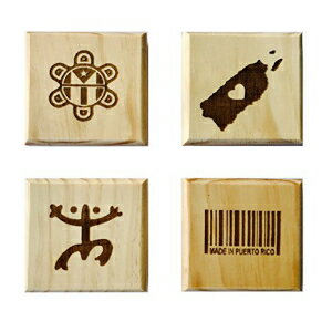 Puerto Rican Pride Coasters (by Brindle Designs): Permanent Engraved Gift Set of 4 Wood Coasters. Coqui Symbol, Made in Puerto Rico Barcode, Map , Taino Sun