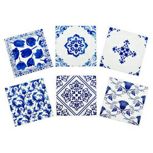 Red Door Exchange Delft Blue Ceramic Coasters for Drinks Set of 6 in Steel Holder-Farmhouse Style Absorbent Drink Coasters-Cork Coasters-Set of 6 Coasters That Absorb Moisture-Vintage Coasters (Blue and White Delft)