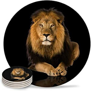 Fantasy Staring 6 Piece Set, Lion433lfsr8166, Drink Coasters Absorbent Natural Ceramic Stone Bar Coasters Set of 6 - Black 3D Lion Animal Printing Cup Mat with Cork Backing, Housewarming Gifts for Home Kitchen Decorat