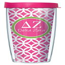 Signature Tumblers Delta Zeta Insignia Wrap on Hot Pink and White Roundabout 16 Ounce Double-Walled Travel Tumbler Mug with Hot Pink Easy Sip Lid