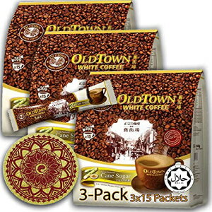 (3 パック - サトウキビ砂糖) オールドタウン (3 in 1) コーヒー アジアン インスタント コーヒー WHALEVER エコフレンドリー コルク コースター パッケージ、オールドタウン コーヒー インスタント コーヒー 45 パケット (3 Pack - Cane Sug