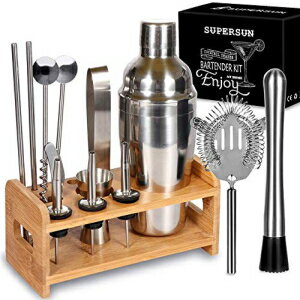 15 Piece Bartender Kit Cocktail Shaker Christmas Gift Set with Stand, SUPERSUN Home Bar Set - Martini Shaker with Built-in Strainer, Muddler, Jigger, Drink Shaker 304 Stainless Steel
