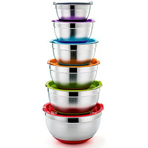 P P CHEF Mixing Bowls With Lids, Set of 6, Stainless Steel Nesting Mixing Bowls Fitting Lids Non-Slip Silicone Bottom, Ideal for Mixing, Storing, Food Preparation,6 Sizes 0.7/1/1.5/2/2.6/4.6 Qt