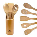 BAMBONI Bamboo Utensils Set- 6 Organic Uncoated Heat Resistant Wooden Spoons for Cooking - Reusable Spatulas for Non-Stick Pots Pans- Non-Scratch Cookware Tools (Utensils with Holder)