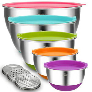Mixing Bowls with Airtight Lids, Blingco Stainless Steel Metal Nesting Bowls Set of 5, Size 5, 3, 2, 1.5, 0.63 QT,3 Grater Attachments, Colorful Non-Slip Bottoms,Great for Mixing & Serving
