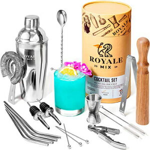 ROYALE MIX Bar Set Cocktail Shaker Set for Drink Mixing - 19 Piece Bar Tools Set, Mixology Bartender Kit with Straws and Martini Picks, Stainless Steel Bar Accessories Set, Great Housewarming Gift for New Home.