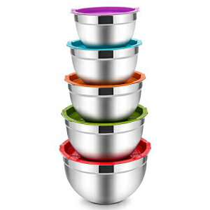 Mixing Bowls with Lids Set of 5, E-far Stainless Steel Mixing Bowls Metal Nesting Bowls with Airtight Lids, Non-toxic & Dishwasher Safe, Great for Cooking, Baking, Serving - Size 0.7/1/1.5/3/4.5QT