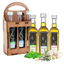 Pellas Nature | Organically Infused Olive Oil Set | Finishing Oil | Basil | Rosemary | Garlic | Wooden Gift Set | 3 X 1.7oz Bottles