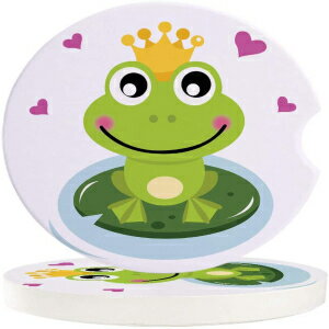 CosyBright Set of 2, The Frog Princecbt0355, Car Drinks Coasters The Frog Prince Heart Cartoon Cute Animal Round Coaster Car Accessories with Absorbent Ceramic Stone&Finger Notch for Easy Removal (Set of 2 Pack)