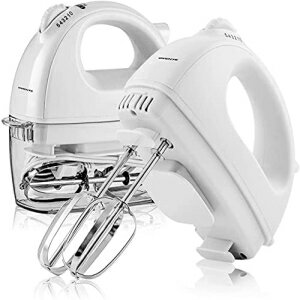 Ovente Portable Electric Hand Mixer 5 Speed Mixing, 150W Powerful Blender for Baking & Cooking with 2 Stainless Steel Chrome Beater Attachments & Snap Clear Case Compact Easy Storage, White HM161W