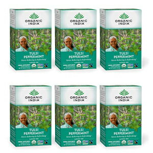 Organic India Tulsi Peppermint Herbal Tea - Stress Relieving & Refreshing, Immune Support, Aids Digestion, Vegan, USDA Certified Organic, Fairtrade, Caffeine-Free - 18 Infusion Bags, 6 Pack