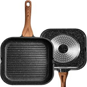 9.5'', ESLITE LIFE 9.5 Inch Nonstick Grill Pan for Stove Tops Induction Square Skillet Steak Bacon Pan with Granite Coating