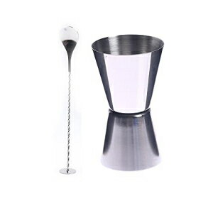 ICYANG 304 Stainless Steel Double Jigger and Long Twisted Mixing Spoon with Knob, Dual Measure Liquor Cup 25ml/50ml for Home Bar Cocktail Shaker