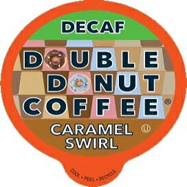 ダブルドーナツデカフェフレーバーコーヒー、キャラメルスワール、キューリグKカップマシン用デカフェキャラメルコーヒー、リサイクル可能なポッドに入ったシングルサーブコーヒー、96カウントバルクコーヒー Double Donut Decaf Flavored Coffee, Caramel Swirl,