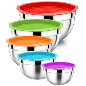 Mixing Bowl with Lid Set of 5, P P CHEF 10-Piece Stainless Steel Nesting Salad Bowl Set for Prepping, Mixing and Serving, Size 4.6, 3, 1.5, 1, 0.7 QT, Rimmed Edges Flat Base