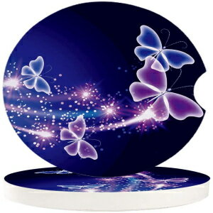 Vandarllin 2, Car Drinks Coasters Set of 2 Pack Butterfly Absorbent Ceramic Stone Blue Purple Coaster with A Finger Notch for Easy Removal from Auto Cupholder