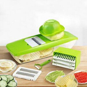 GProME Mandoline Slicer Vegetable Spiralizer, Food Slicer 6-in-1 French Fry Cutter, Food Waffle,Julienne Grater- Potato Slicer– Sharp Stainless Steel Blades(Green)