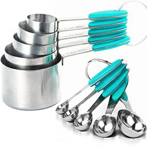 SEEK42 Measuring Cups and Spoons Set of 10 Pieces, Stainless Steel Measuring Utensils with BPA-Free Silicone Grips, Metal Scale Tools for Cooking Baking,Dishwasher-Safe,Teal