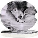 Crystal Emotion 2-piece, Absorbent Car Coasters for Cup Holders(2 Pack), Women/Men Ceramic Stone Drinks Coaster Set, Wild Animal Funny Sandstone Car Accessory, Wolf Couple White Romantic