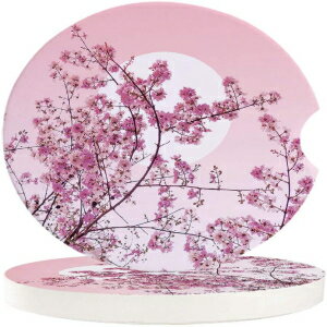 JEANCZ 2-Piece Set, 2 Car Coasters Cup Holders Absorbent Japanese Cherry Blossom Sakura Full Moon Image PrintCeramic Car Accessories Coasters Absorb Spills Keep Cup Holders Clean and Dry