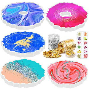Coaster Resin Molds, Audab 5Pcs Coaster Molds for Resin Casting Silicone Agate Coaster Molds Epoxy Geode Coaster Molds with Foil Flakes, Dry Flowers for Resin Casting Agate Slice Coasters