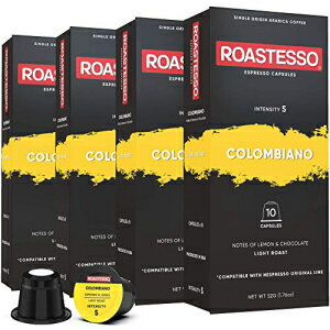Roastesso エスプレッソカプセル、コロンビアシングルオリジンコーヒーポッド40個、ネスプレッソオリジナルラインマシンと互換性あり、米国で焙煎強度5、シングルサーブカップマスターコロンビアミディアムローストルンゴ Roastesso Espresso Capsules, 40 Colombia