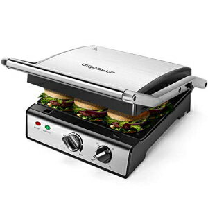 Aigostar Panini Press with removable plates, Electric Indoor Grill Smokeless, with Non-Stick Coated Plates, Opens 180 Degrees, Stainless Steel Sandwich Maker with Temperature Control Timer, 1500W