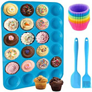 FINGER TEN 24 Cup Set-Blue, Muffin Pans Nonstick Silicone Mini 24 Cups with Cupcake Liners Brush Spatula Value Set Reusable Baking Pans Regular Size Molds for Toaster Oven(24 Cup Set-Blue)