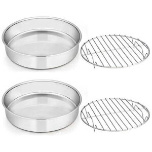 8-inch Round Cake Pan with Rack Set, E-far Stainless Steel Cake Pans Tins and Baking Cooling Racks, Non Toxic Healthy, Mirror Polished Dishwasher Safe - 4 Pieces (2 Pans 2 Racks)