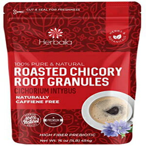 Herbaila Chicory Root Roasted Granules, 1 Pound, Chicory Coffee (Inulin, Prebiotic Dietary Fiber) Rich Flavor, Caffeine Free, Natural Tea and Coffee Substitute, Keto, Kosher