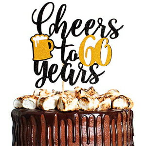 Unimall Cheers to 60 Years Cake Topper - Gold Glitter 60th Birthday, Wedding Anniversary Cake Topper Picks Party Decoration